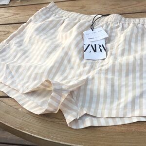 Zara Women Elastic Waist Tan and White Striped Shorts